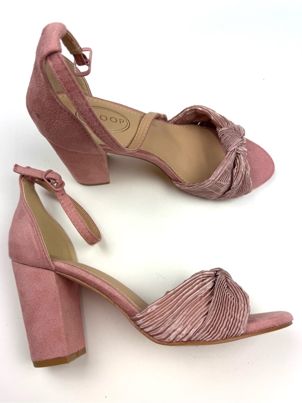 Knot Front Ankle Strap Block Heels — Blush Pink